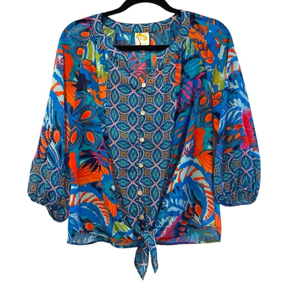 Fig and‎ Flower Womens Petite Medium Blue Multi Tropical Tie Front Blouse Top